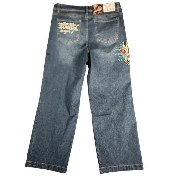 Ed Hardy Jeans Women's Size 34 Blue Wide Leg Embroidered Tattoo Print WEHD8300-3